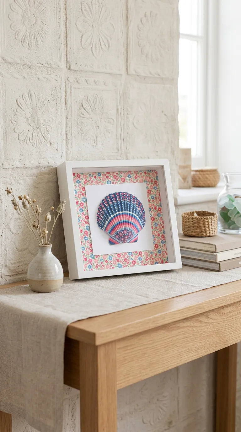 Hand-Painted Shell Shadow Box - Coral Flora