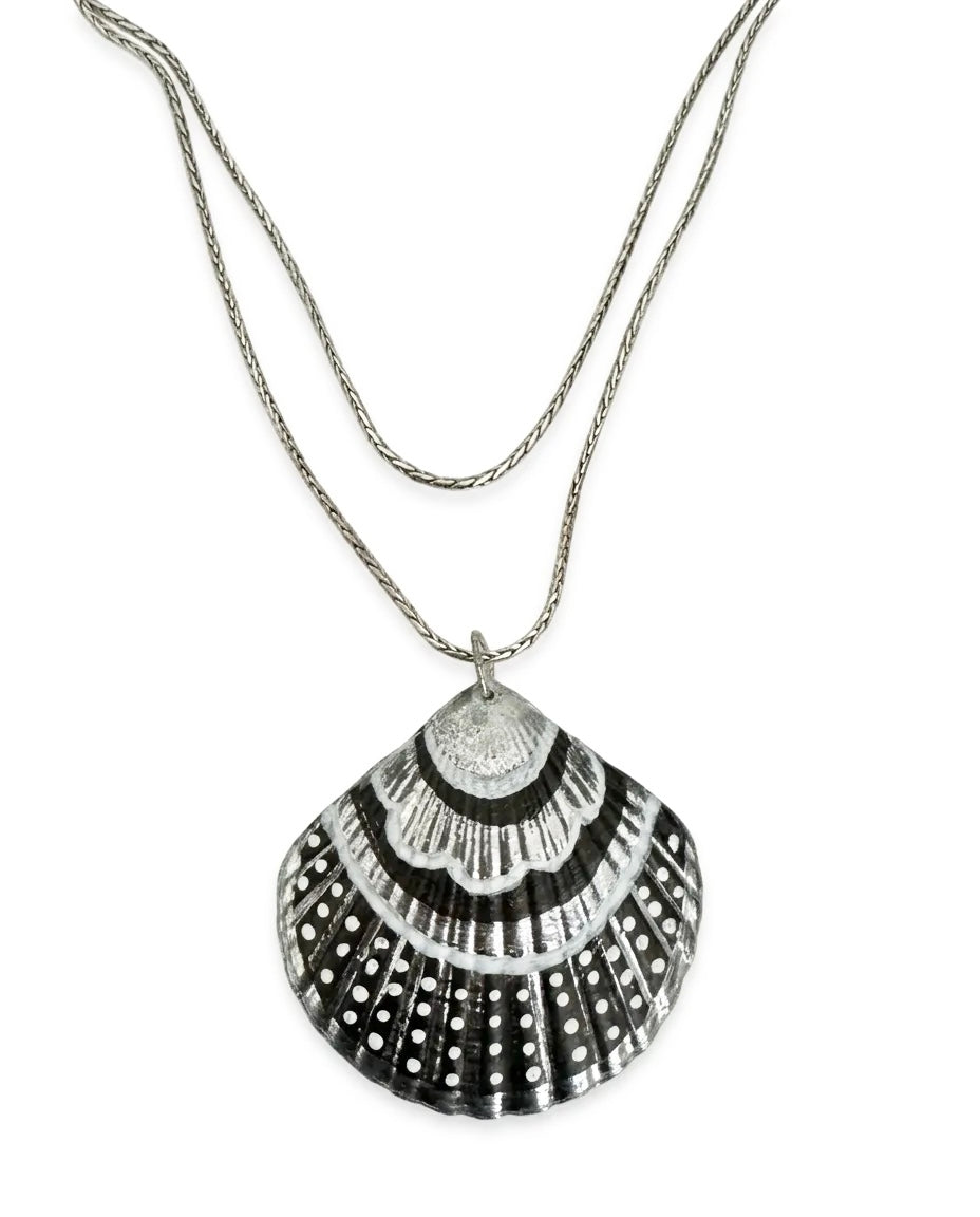 Hand Painted Shell Pendant Necklace on Long Silver Chain