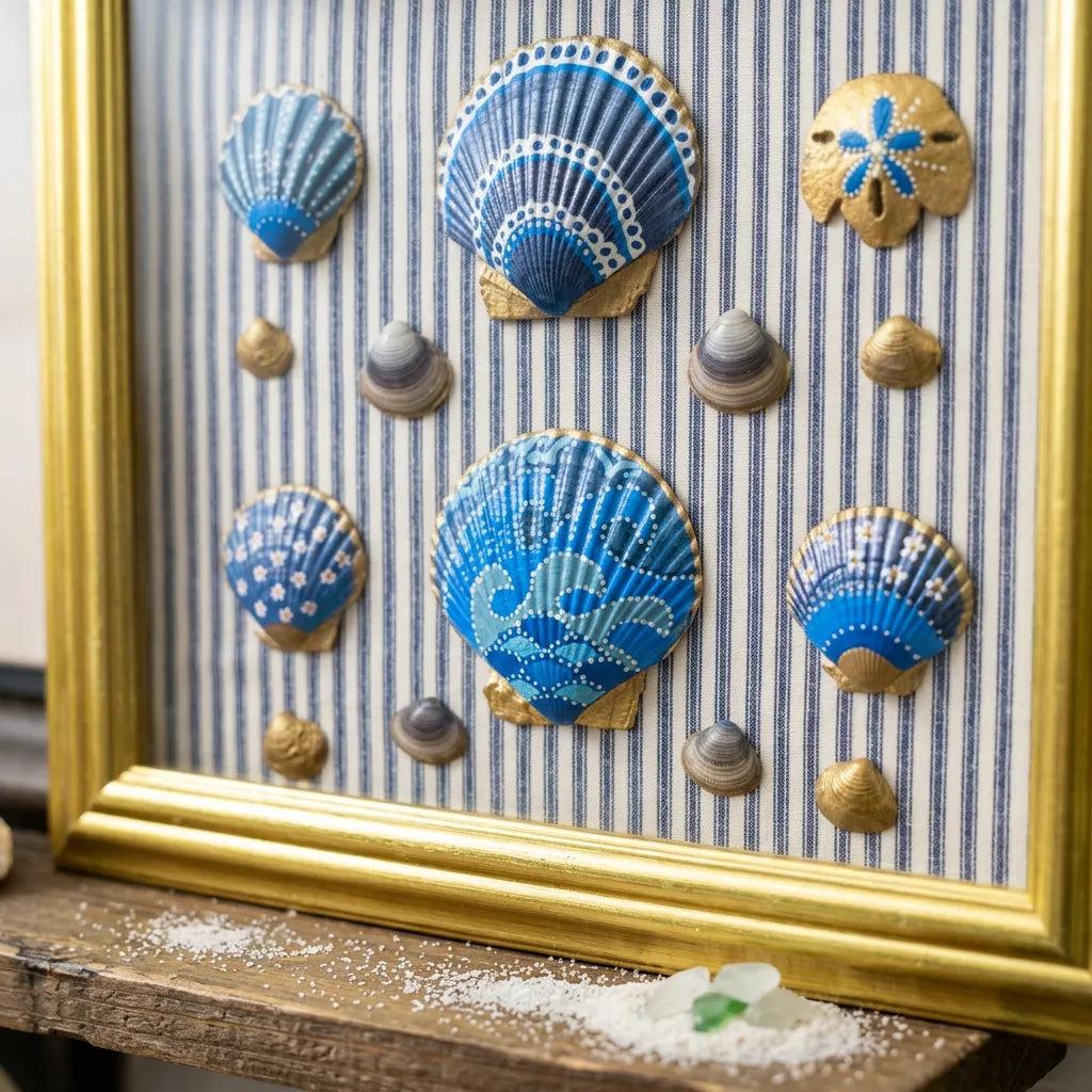 Hand Painted Shell Art on Pinstripe Background in Gold Frame