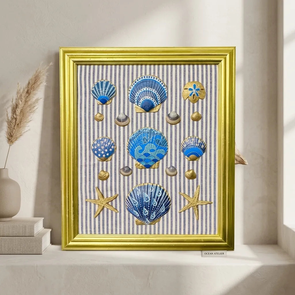 Hand Painted Shell Art on Pinstripe Background in Gold Frame