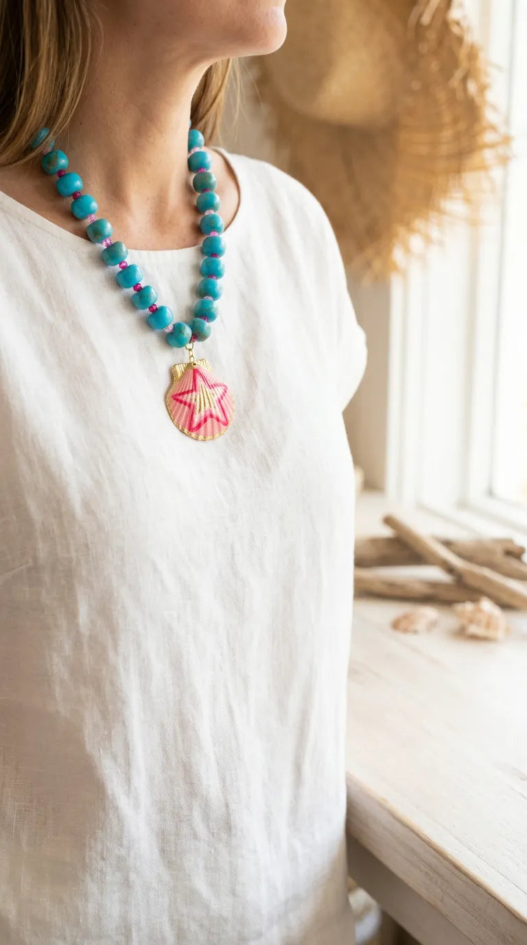 Texan Star Shell Turquoise Beaded Pendant Necklace