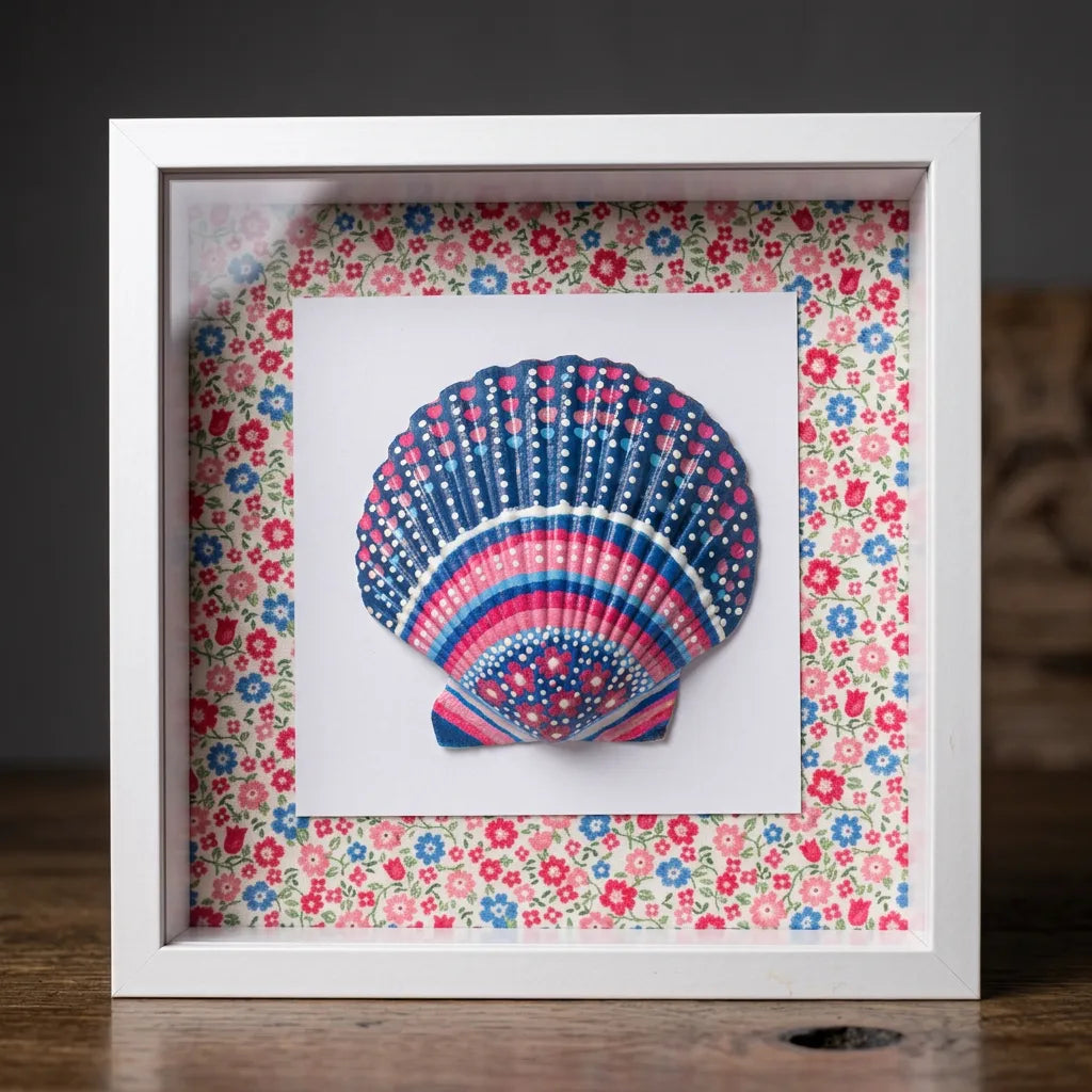 Hand-Painted Shell Shadow Box - Coral Flora