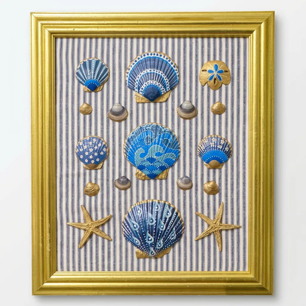 Hand Painted Shell Art on Pinstripe Background in Gold Frame
