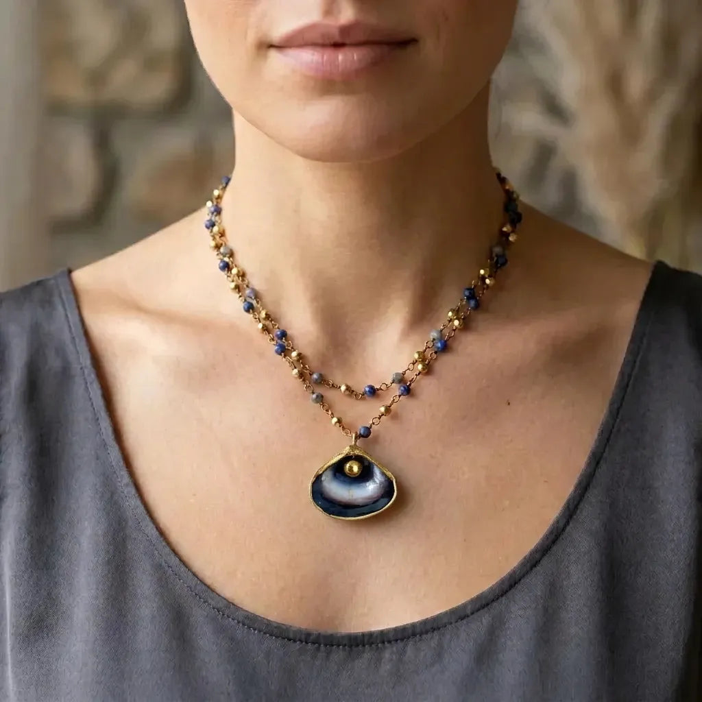 My River Blue Shell Pendant on Sapphire Double Strand Necklace