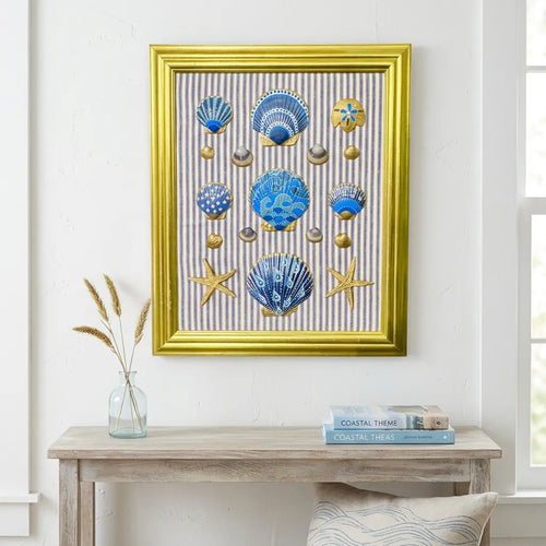 Hand Painted Shell Art on Pinstripe Background in Gold Frame