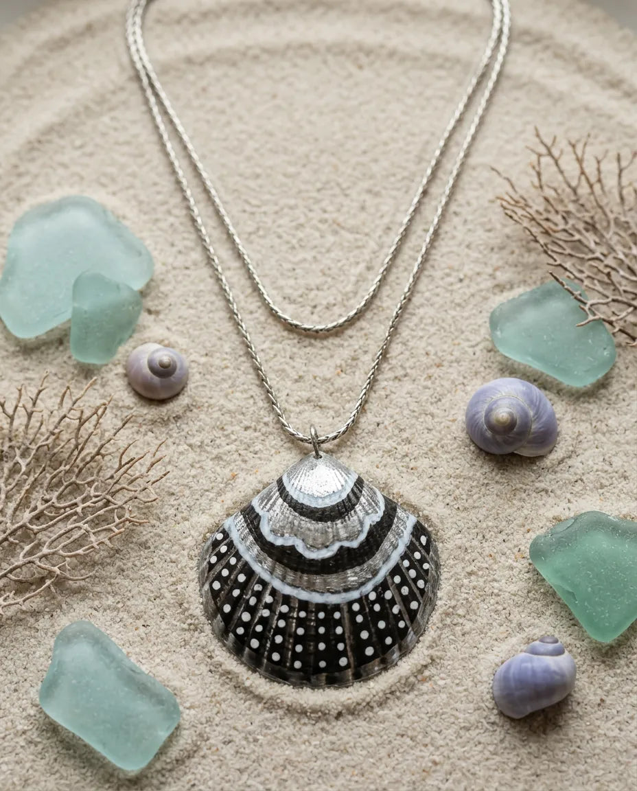 Hand Painted Shell Pendant Necklace on Long Silver Chain