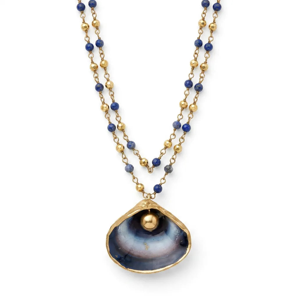My River Blue Shell Pendant on Sapphire Double Strand Necklace
