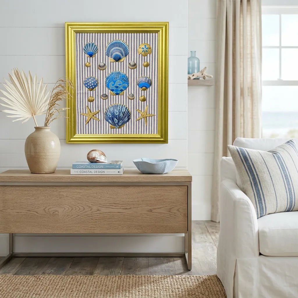 Hand Painted Shell Art on Pinstripe Background in Gold Frame